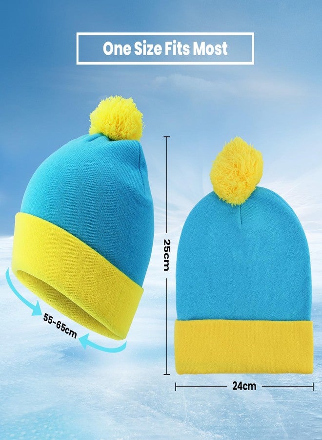 FONYFA Halloween Character Cosplay Headwear and Gloves,Cartman Knit Pom Beanie Hat, Halloween Custume Winter Hat Set for Adult (blue and yellow) - Image 2